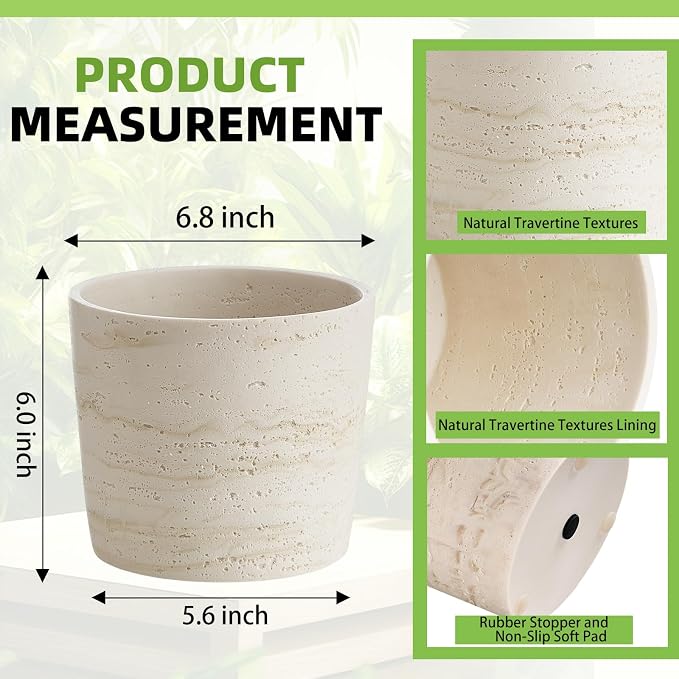 Ekirlin 7 Inch Natural Travertine Textures Plant Pot, Resin Outdoor Planter with Drainage Hole, Removable Rubber Stopper and Non-Slip Soft Pad,Weatherproof Decorative Pot for Indoor/Garden Plants