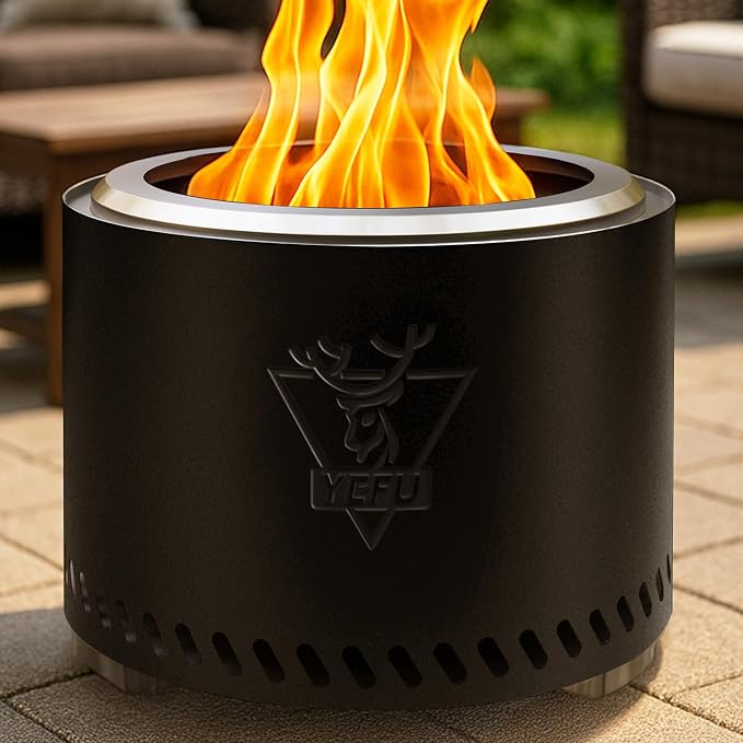 YEFU 19 inch smokeless fire pit, black stainless steel, removable ash pan