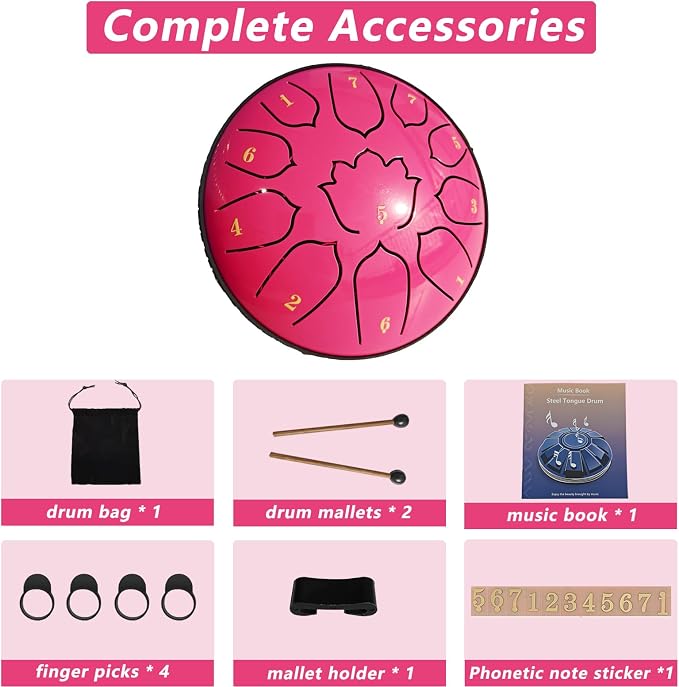 Steel Tongue Drum 11 Notes 6 Inches, Rain Drum for Outside with Bag, Music Book, Mallets, Finger Picks, Stickers – Meditation & Yoga Steel Drum