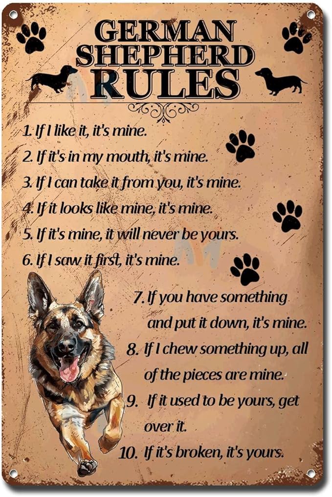 Metal Sign Tin Sign Vintage Wall Art German Shepherd Rules Gardening Poster for Club 8×12 Inches