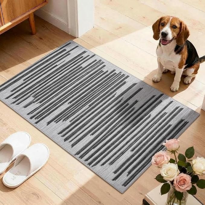 GarveeHome 2x3 Washable Rug for Hallway Bedroom Non Slip Low Pile Carpet | Modern Striped Small Entryway Rugs Geometric Stain Resistant Soft Kitchen Rug, Black Grey