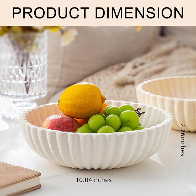 Large Decorative Fruit Bowl for Kitchen Counter, Travertine Stone Look Modern Minimalist Snack Candy Bowl for Table Centerpiece Decor, Home, Office, Hotel, Entryway (White)