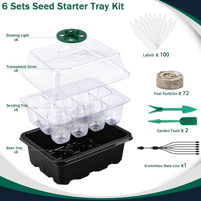 Hahood 6 Pack Seed Starter Tray Kit with Grow Light and Humidity Dome Germination Trays with 72 Peat Pellets, Plant Labels, Gardening Tools, Plant Growing Trays for Seeds Growing Starting, Black