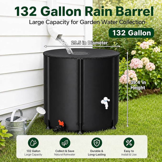 132 Gallon Collapsible Rain Barrel, Portable Rainwater Collection System, Water Storage Tank, Rain Catcher Barrel with Two Spigots and Overflow Kit, Rain Water Barrel Collector for Garden, Black