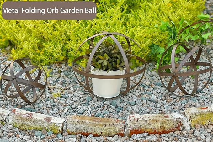 Set of 3 Metal Garden Spheres, Metal Folding Orb Garden Ball for Patio Yard Decor, Dia 12", 9", 7"