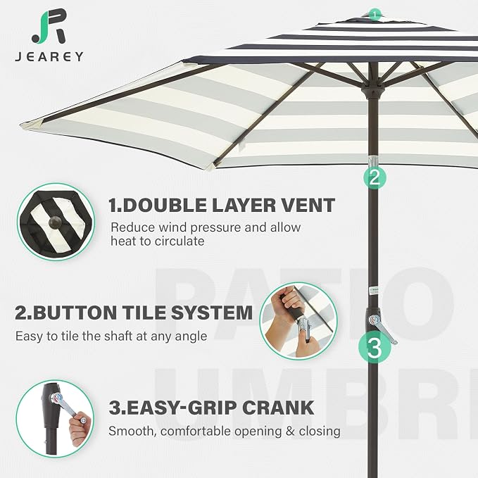 JEAREY 7.5FT Patio Umbrella Outdoor Market Umbrella with 6 Sturdy Ribs, Push Button Tilt/Crank Table Umbrella for Garden, Deck, Backyard and Pool, Beige & Black Stripe