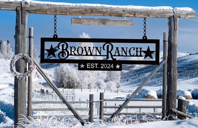 Custom Metal Family Name Farmhouse Sign, Last Name Sign for Farm, Ranch or Farm Signs Indoor Outdoor Personalized, Farmhouse Signs Wall Decor, Size selection: 12 inches to 80 inches.