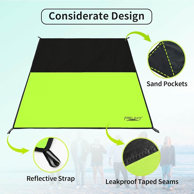 Frelaxy Pocket Picnic Blanket, Waterproof Sandproof Beach Mat, Compact Camping Tarp for Festivals, Hiking, Travel, Outdoor Recreation (Neon Green & Black, 57'' x 60'')