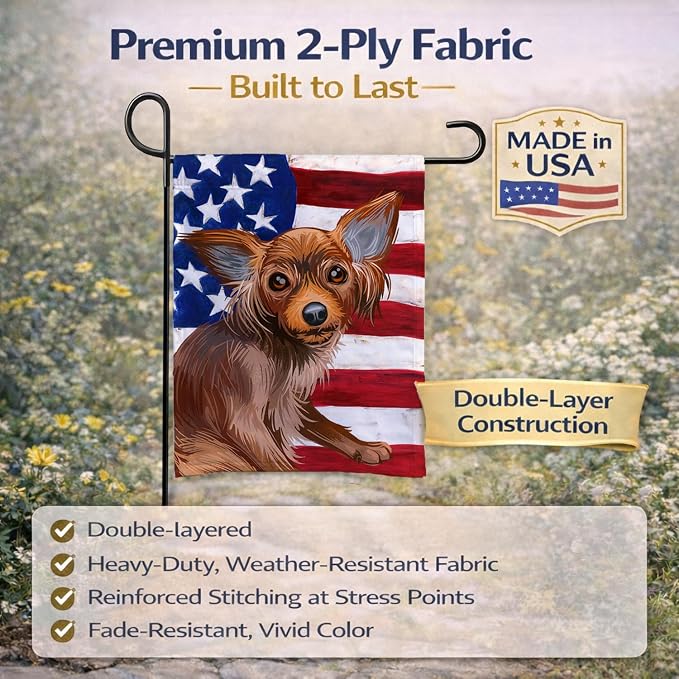Caroline's Treasures CK6680GF Russian Toy Dog American Flag Garden Flag Mailbox Flag Decorative Yard Flag Banner Outside Patio Artwork Yard Flower Beds, Garden Size, Multicolor