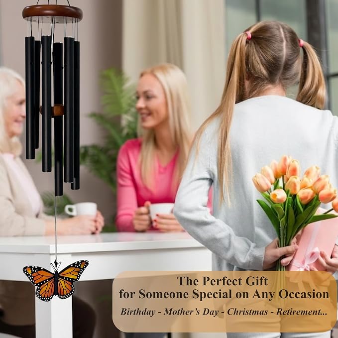 Monarch Butterfly Wind Chimes for Outside - Glass Pendant Hanging Butterfly Decorations- Deep Tone Memorial Windchime for Garden, Porch Decorations - Wind Chimes for Women, Mother's Day, Grandma