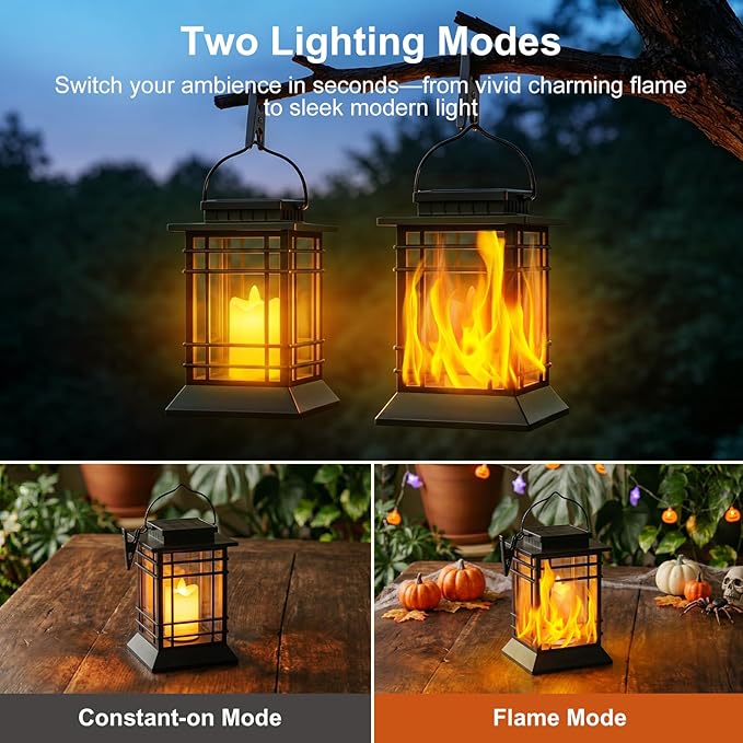 Brightever 4-Pack Solar Lanterns Outdoor Lights, Hanging Solar Lights for Outside, IP65 Waterproof LED Flickering Flameless Candle Mission Lights for Garden Yard Front Porch Path Tree Table Decor