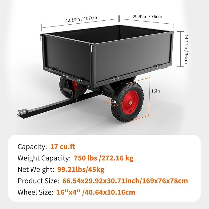 17 Cu.Ft 750Lbs Steel ATV UTV Trailer, Tow Behind Dump Cart, Heavy Duty Pull Behind Removable Sides, Pull Behind Utility Dump Trailer for, Garden, Lawn Mower Tractor