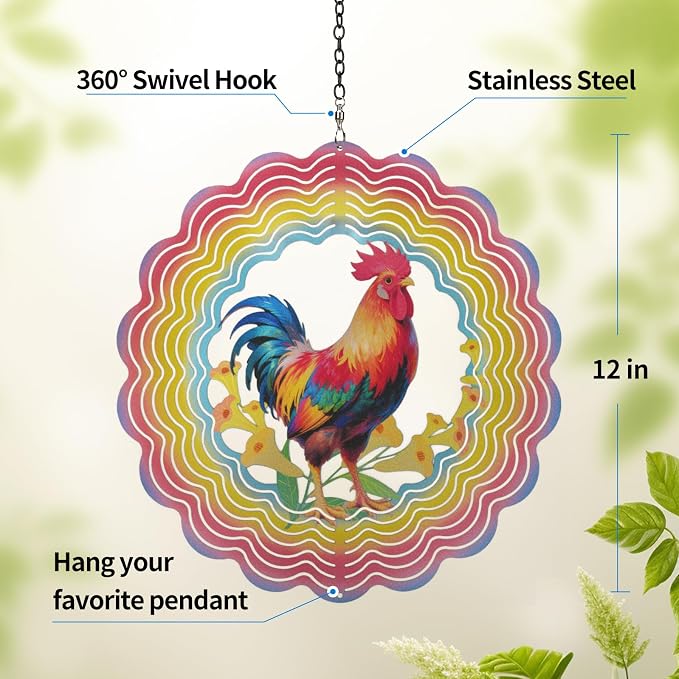 Wind Spinners Outdoor Chicken - Birthday Gifts for Women Mom, Hanging Wind Sculptures Wind Spinners, 12 inch 3D Wind Spinner for Garden Decor for Outside, Garden, Patio, Yard