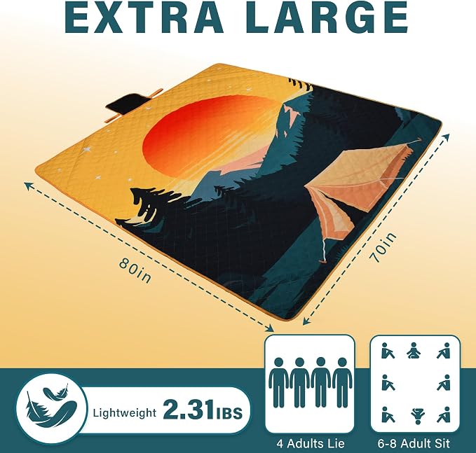 Tirrinia Picnic Blanket Waterproof, 70"x80" Extra Large Outdoor Blanket Waterproof, 3-Layer Foldable Picnic Mat with Sandproof Backing for Beach, Camping, Hiking, Park, Travel