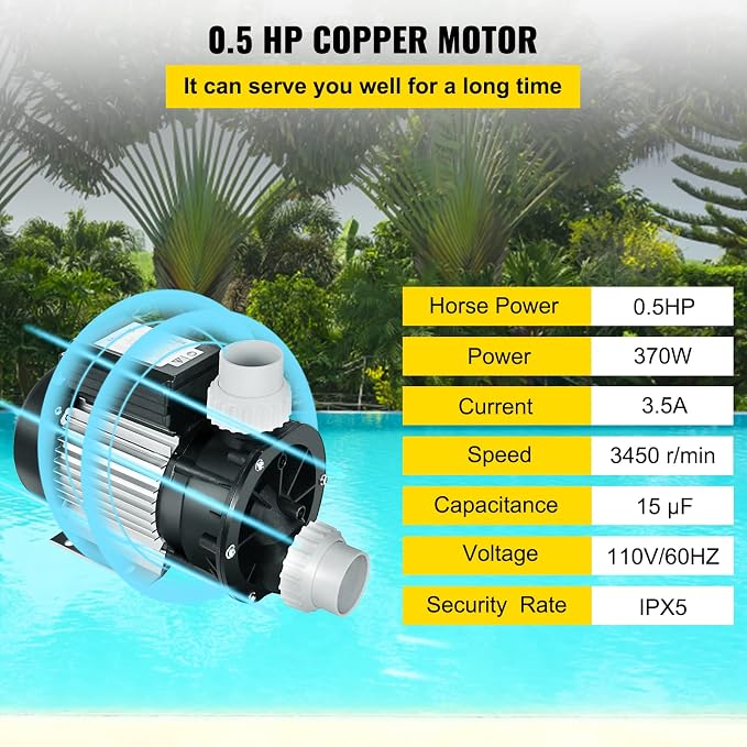 VEVOR Pool Spa Pump Above Ground 1/2 HP 110V Hot Tub 0.37KW Water Circulation Swimming Pool Pump