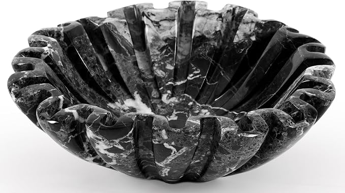 Marble Decorative Bowl Handmade 8 Inch Black Ruffle Bowl, Fruit Bowl for Kitchen Counter, Large Scalloped Bowls for Housewarming Gifts, Modern Fluted Bowl for Home Decor