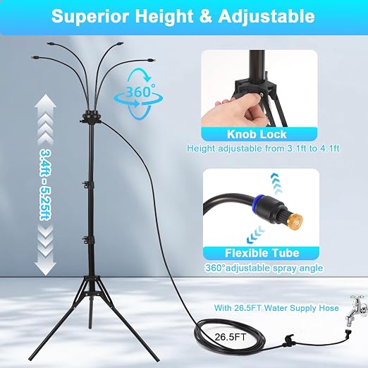 GMAULEE Outdoor Misting Stand, Adjustable 5.25 FT Mister System with 26.5FT Hose, Heavy Duty Portable Mist Cooling System for Patio, Deck, Poolside, Backyard BBQ, Party, and Kids Water Play (5.25FT)