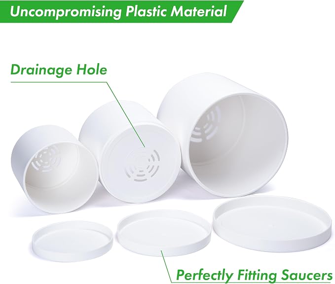 D'vine Dev 6.5 Inch 8 Inch 10 Inch, Set of 3 Plastic Planter Pots for Plants with Drainage Hole and Seamless Saucers, White Color, Large, 74-V-A-4