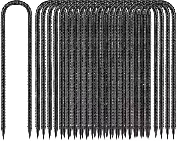 Rebar-Stakes-12-Inch, Ground Stakes Heavy Duty U-Hook Black Coated Anti-Rust Heavy Duty Ground Anchors for Garden Dog Fence Chicken Coop Christmas Decorations Deer Fence 20pcs