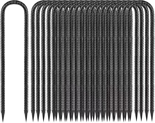 Ground-Stakes-Heavy-Duty-12 inch, U-Hook Rebar Stakes Black Coated Anti-Rust 16pcs Garden Stakes Metal Ground Anchors for Garden Dog Fence Chicken Coop Christmas Decorations Deer Fence