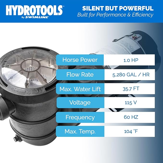 SWIMLINE HYDROTOOLS Above-Ground Pool Motor Pump, Hydro-Flo 1 HP w/ 5280 GPH, Vertical | Above-ground Pool Pump, 1.0 HP, 5, 280 GPH, Vertical Discharge, Strainer Basket, 115V, Single-speed, Quiet, DOE-certified