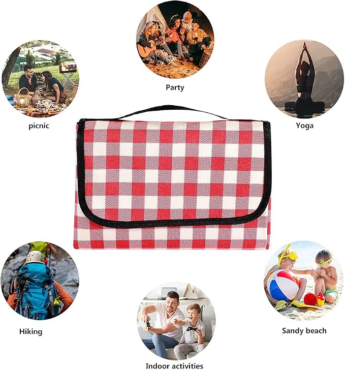 Picnic Blanket Waterproof Beach Rug 79''x79'' Picnic Mat Washable Lightweight with Handle Red Checkered for Hiking Travelling Outdoor Camping,Parks