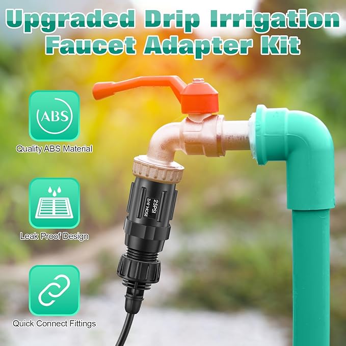 2 Set Drip Irrigation Faucet Adapter Kit, 2 Pcs 25 PSI Garden Hose Pressure Regulator, 2 Pcs 1/4'' Drip Irrigation Tubing to 3/4'' Faucet, 1 Roll Plumbing Tape