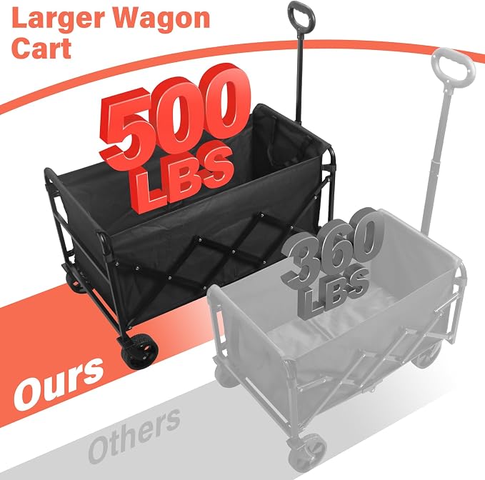 Collapsible Wagon Cart Foldable - Extra Large 500 lbs Capacity Portable Folding Beach Wagon with Wheels - 34'' Extra Long Heavy Duty Utility Cart for Groceries, Shopping, Camping, Sports - Black