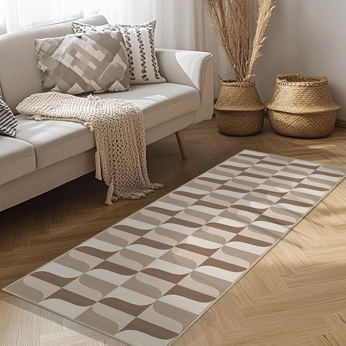 Modern Geometric Runner Rug 2x6 for Hallway Kitchen Bedroom Neutral Beige Brown Abstract Mid Century Modern Runner Rugs Machine Washable Non-Slip Print Low Pile Long Floor Carpet for Entryway Bathroom