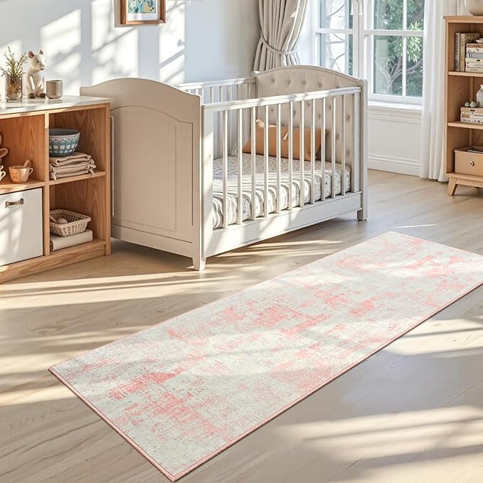 Toneed Washable 2x6 Non-Slip Runner Rug for Hallway Kitchen, Pink Grey | Abstract Soft Modern Low Pile Area Rugs for Bedroom Laundry Living room,Indoor Carpet for Bedside Home Decor