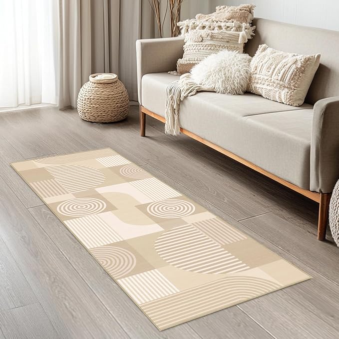 Beige Geometric 2x6 Runner Rug for Hallway Kitchen Bedroom White Machine Washable Mid Century Modern Rug Non Slip Low Pile Minimalist Line Rugs Long Floor Mat Carpet for Bathroom Laundry,Beige