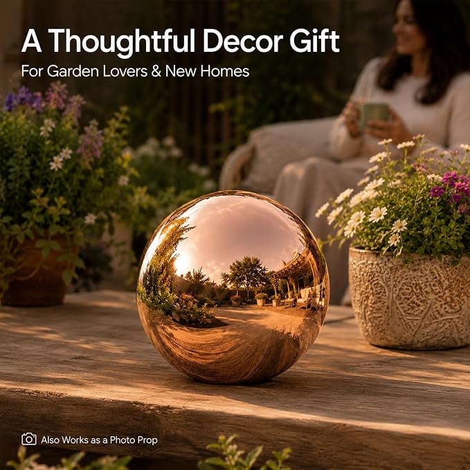 Gazing Ball Garden Mirror Outdoor 10Inch Outside Decorative Globe Rose Gold | Metal Polished Reflective Sphere, Stainless Steel Hollow Decoration Ornament for Home Pond Swimming Pool Housewarming Gift
