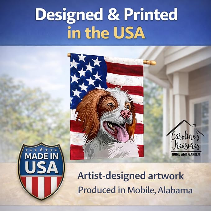 Caroline's Treasures CK6529CHF French Brittany Dog American Flag House Flag Large Porch Sleeve Pole Decorative Outside Yard Banner Artwork Wall Hanging, Polyester, House Size, Multicolor