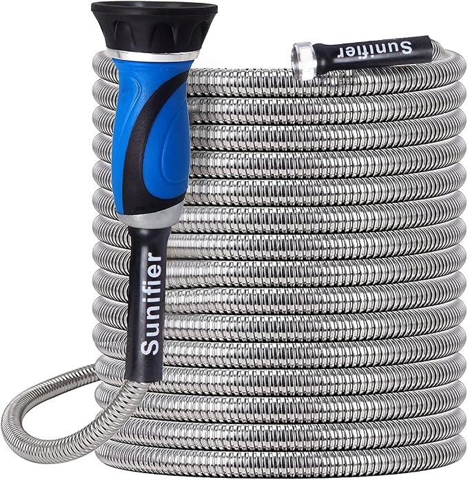 Metal Garden Hose 50 Ft With Hose Nozzle, Flexible Stainless Steel Garden Hose 50 Ft, Heavy Duty Water Hose for Outdoor Garden Watering Washing (50FT)