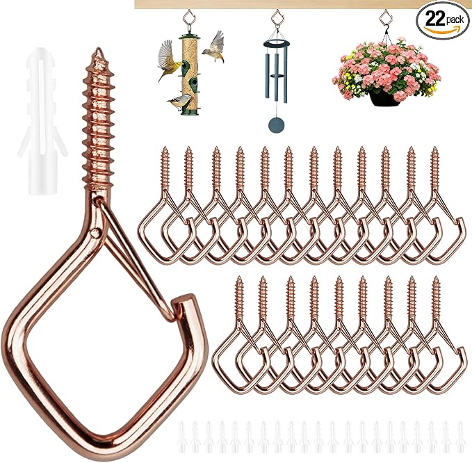 22 PCS Metal Rose Gold Eye Screw Hooks for Hanging Heavy Duty.Windproof Ceiling Hooks for Hanging Plants,Cup,Wind Chime,Bird Feeders,Christmas String Lights at Indoor&Outdoor 2.2 Inch
