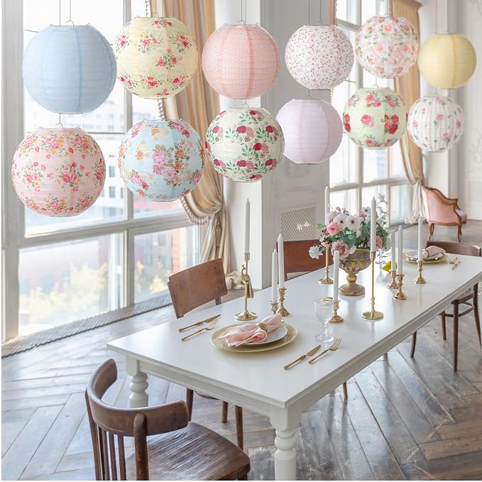 Baquler 12 Pcs Floral Paper Lanterns Tea Party Decorations 10 Inch Wildflower Floral Ceiling Hanging Paper Lanterns for Wedding Bridal Birthday Party Outdoor Festival Hanging Decoration