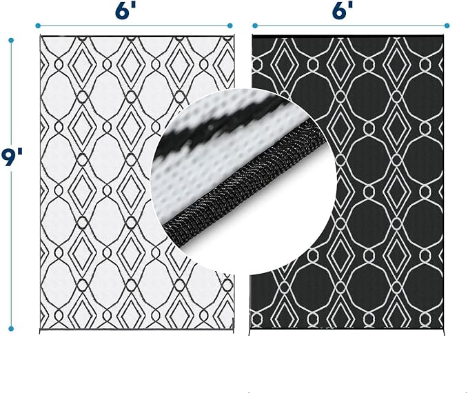 Kohree Outdoor Rug 6x9, Waterproof RV Outdoor Rugs, Reversible Outdoor Camping Rug Patio Rugs Clearance with 4 Corner Loops for RV, Deck, Backyard, Picnic, Easy to Clean & Carry, Black & White