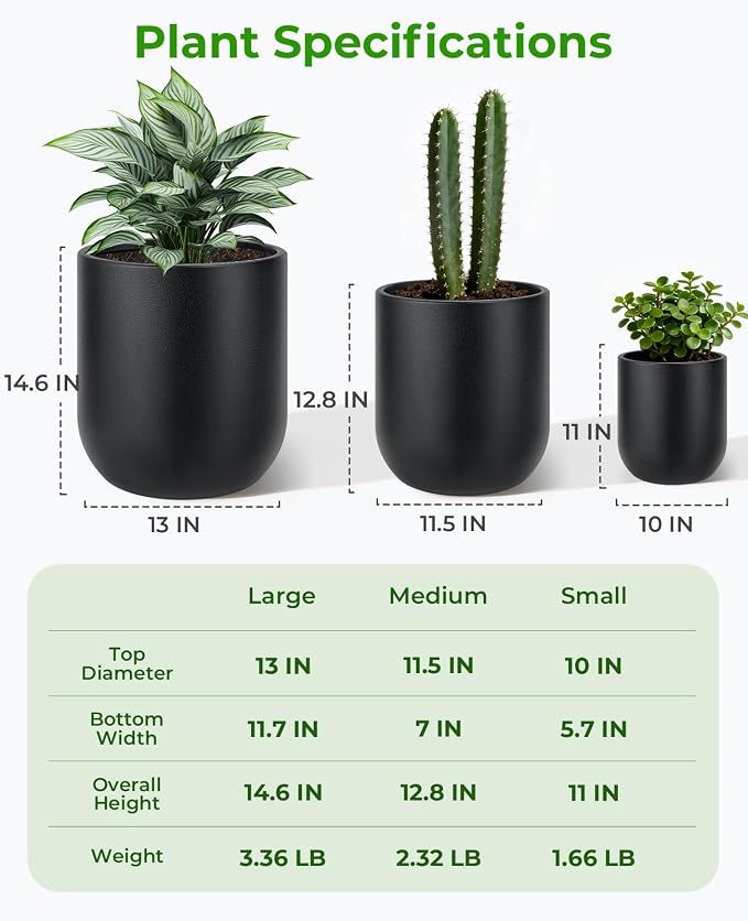 homenote Flower Pots 13/11.5/10 Inch,Large Plant Pots Indoor with Drainage,Plastic Pots for Plants,Garden Pots for Outdoor,Large Planters for Indoor Plants,Big Plastic Planter,Black(3 Pcs)