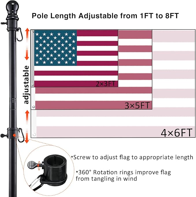 DonSail Black Flag Poles for Outside in Ground - 8FT Flag Pole for House with 2 Pronges Base - Stainless Steel Flag Pole Kit with 3x5FT American Flag for Yard Residential Commercial