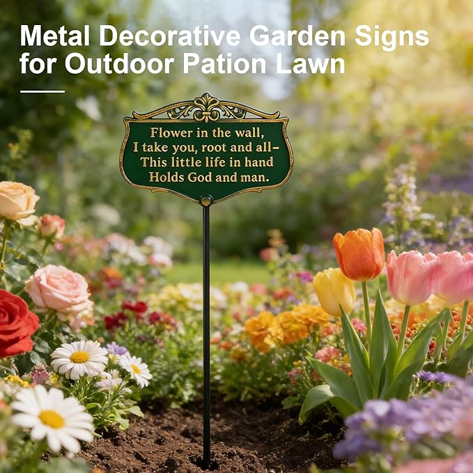 Garden Signs for Outside, "The Kiss of The Sun" Double-Sided Vintage Green Poem Plaque with Stake, Aluminum Outdoor Garden Sign for Patio Yard Lawn Backyard Porch Decor