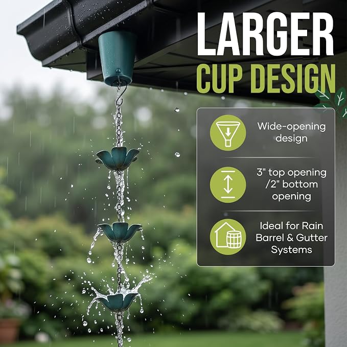 Blue Flower Rain Chain - 8.2FT Iron, 16 Flower Cups, Glass Marble & Bell, Gutter Adapter Included, Outdoor Garden Decor