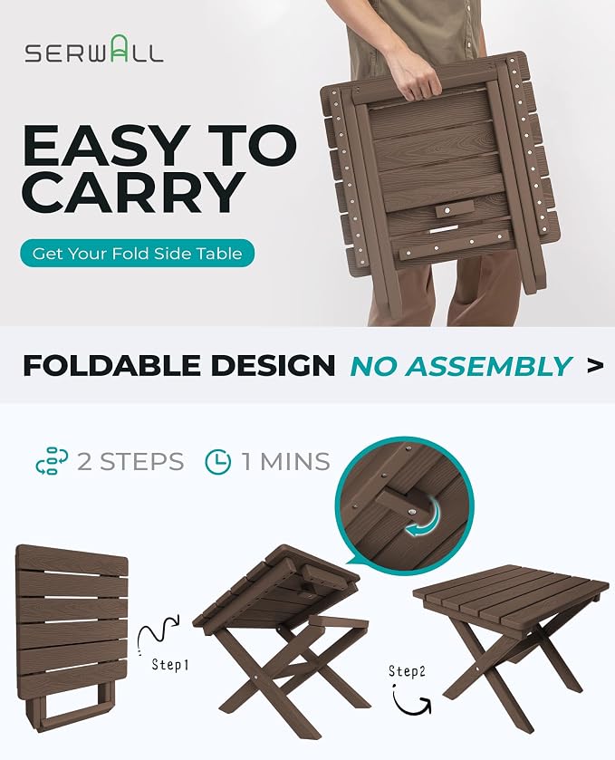 SERWALL Portable Folding Outdoor Side Table - Adirondack Style, HDPE Material, No Assembly Required, Outside End Table for Patio, Porch, Deck, Pool, Coffee