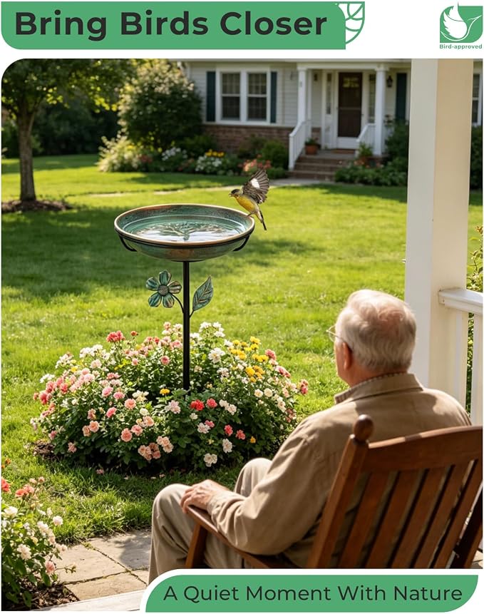 Metal Bird Bath for Outside 12" Tree of Life Birdbath Bowl with Stake | Adjustable Height Vintage Outdoor Bird Bath | Rust Resistant Easy to Clean for Garden Yard Lawn Decor Decor, Green