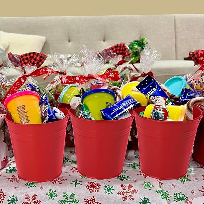 20 Pack 4 Inch Red Mini Metal Bucket, Elegant Galvanized Buckets with Handles, Tin Buckets, Small Iron Bucket, Mini Metal Pail for Party Favors, Crafts, Garden & Beach