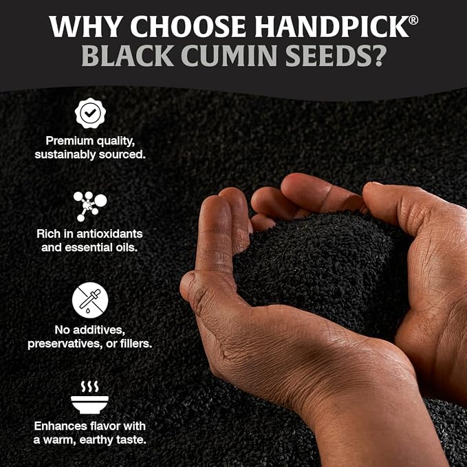 HANDPICK Black Cumin Seed (14oz) Pure Nigella Seeds - No Salt or Preservatives, Non GMO | Indian Black Whole Cumin | Gluten Free, Aromatic & Farm Fresh Kalonji | Resealable Zip Lock Pouch