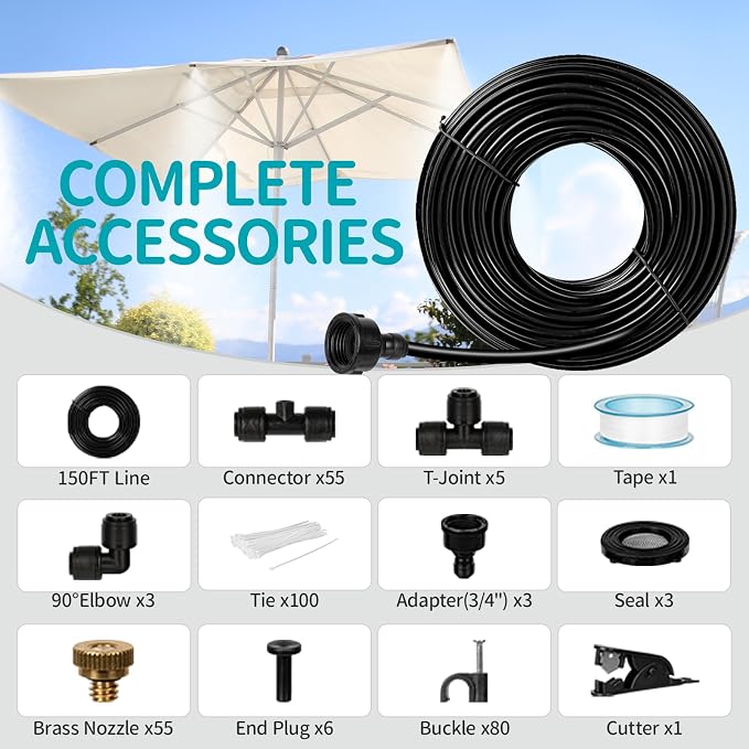 OnBrand 150FT Mister for Outside Patio with 55 Brass Nozzles and 5 T-Joints | Misting Cooling System with 3 Adapters 3/4" and 3 Seals, Outdoor Patio Mister for Party Greenhouse Trampoline Coop Waterpark