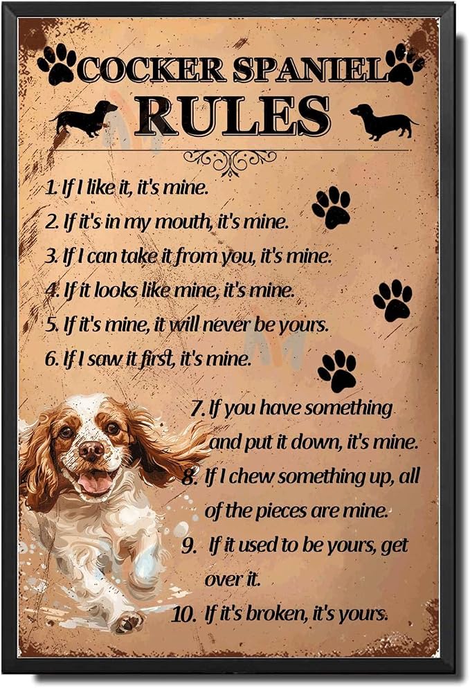 Metal Sign Tin Sign Vintage Wall Art Cocker Spaniel Rules Vintage Metal Sign for Room 12×16 Inches with Metal Frame