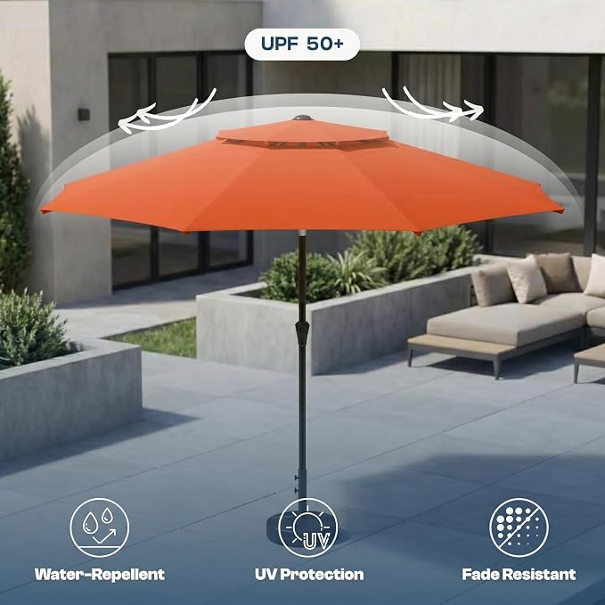 10FT Patio Umbrella, 2 Tier Outdoor Table Umbrella, Large Vented Market Umbrellas with Push Button Tilt and Crank, 8 Sturdy Ribs for Backyard, Deck, Pool, UPF50+ UV Protection