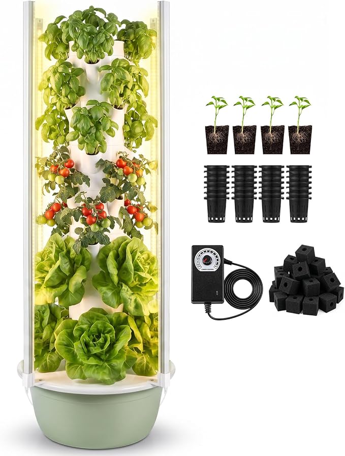 BAOSHISHAN Hydroponic Growing Tower with LED Grow Light, 7 Tiers 28 Pods | Full Spectrum Vertical Hydroponics Growing System, with 30L Water Tank, Beginner-Friendly, Ideal for Lettuce Herbs Vegetables