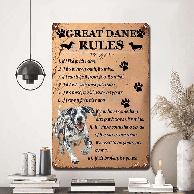 Metal Sign Tin Sign Vintage Wall Art Great Dane1 Rules Garden Sign for Home Decor 12×16 Inches